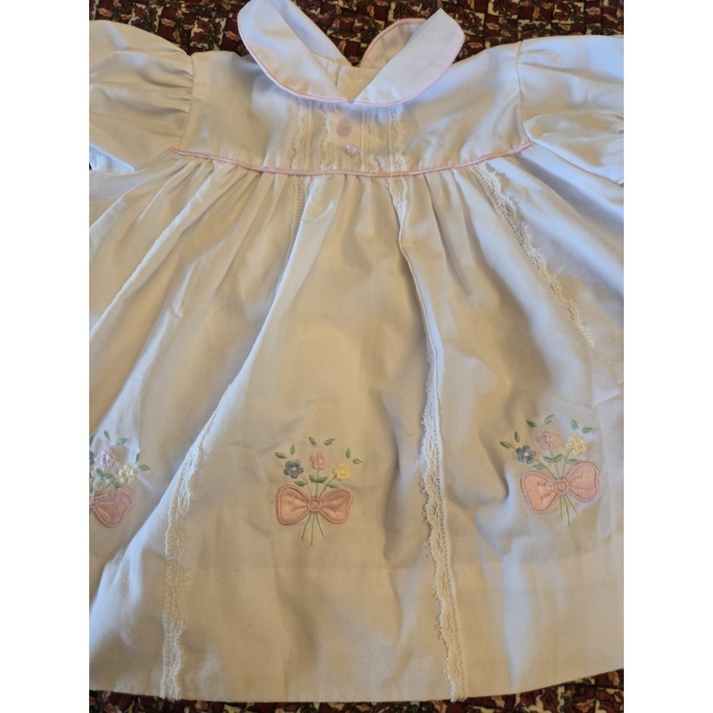Vintage Baby Girl Dress 3 - 6 Months White Pink Embroidered Flowers Bows Lace